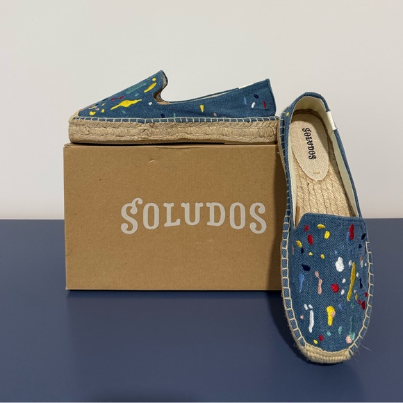 “SOLUDOS” Embroidered Splatter Paint Platform Denim Espadrilles - Picture 1 of 5
